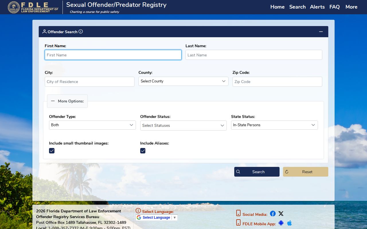 Florida specialized offender registry search controls